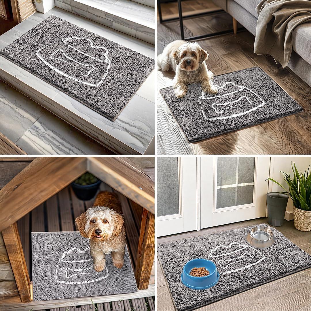 imageMuddy Mat Dog Sit Door Embroidery Mat Super Absorbent Microfiber Indoor Outdoor mat for Muddy Paws NonSlip Washable Pet Rug Quick Dry Chenille Entryway Carpet Machine Washable Grey 19x30Pet Bowl