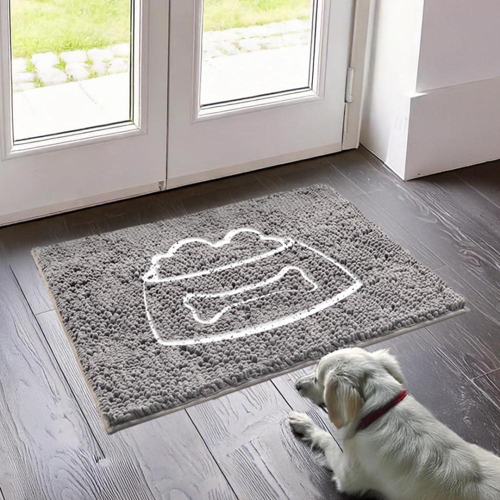 imageMuddy Mat Dog Sit Door Embroidery Mat Super Absorbent Microfiber Indoor Outdoor mat for Muddy Paws NonSlip Washable Pet Rug Quick Dry Chenille Entryway Carpet Machine Washable Grey 19x30Pet Bowl