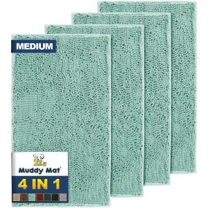 Muddy Mat® 4-Piece Atlantic Blue Medium 30″X19″ AS-SEEN-ON-TV Highly Absorbent Microfiber Door Mat, Bath Mat and Pet Rug, Non Slip Thick Washable, Soft Chenille for Kitchen Bedroom Indoor and Outdoor(Seafoam Green)