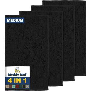 Muddy Mat® 4-Piece Atlantic Blue Medium 30″X19″ AS-SEEN-ON-TV Highly Absorbent Microfiber Door Mat, Bath Mat and Pet Rug, Non Slip Thick Washable, Soft Chenille for Kitchen Bedroom Indoor and Outdoor(Black)