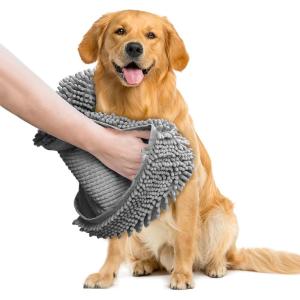 Muddy Mat® Doggy Dryer, Highly Absorbent Microfiber Washable Dog Shammy, Quick Drying Towel Absorber, Extra Soft Plush Wrap Chenille Bath Towels to Dry Soggy Large Pets & Small Puppy – Beige(Grey)