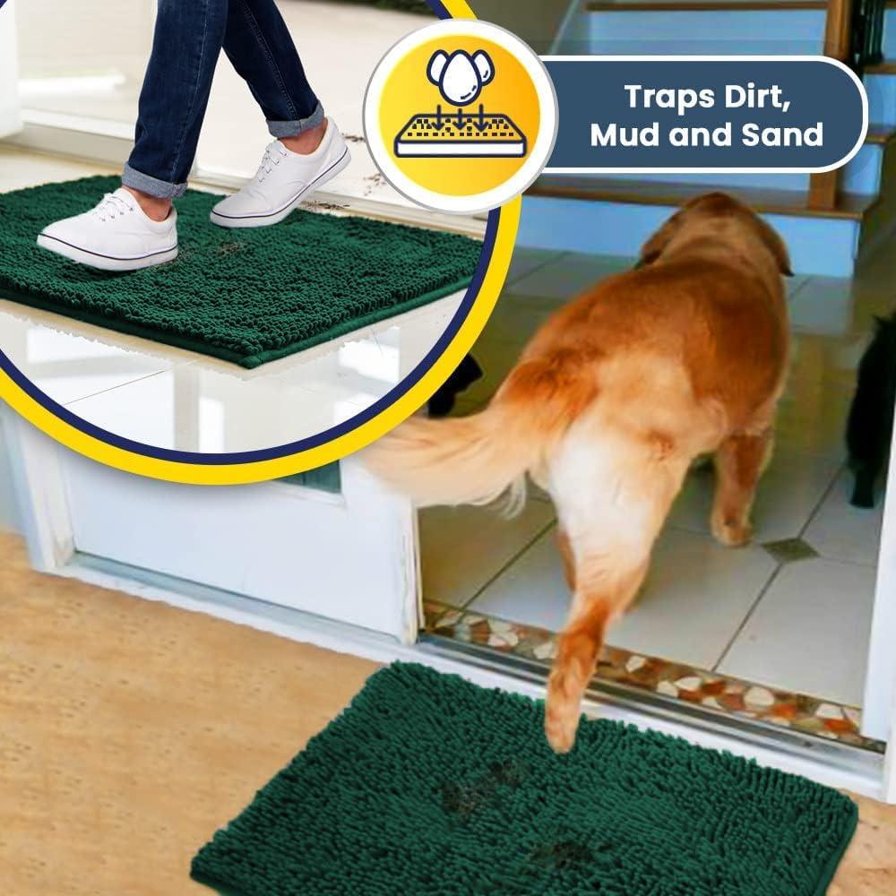 imageMuddy Mat Pack of 5 Absorbent Microfiber Door Mat and Pet Rug Non Slip Thick Washable Area and Bath Mat Soft Chenille for Kitchen Bathroom Bedroom Indoor and Outdoor Dark Green Sizes S to XXL