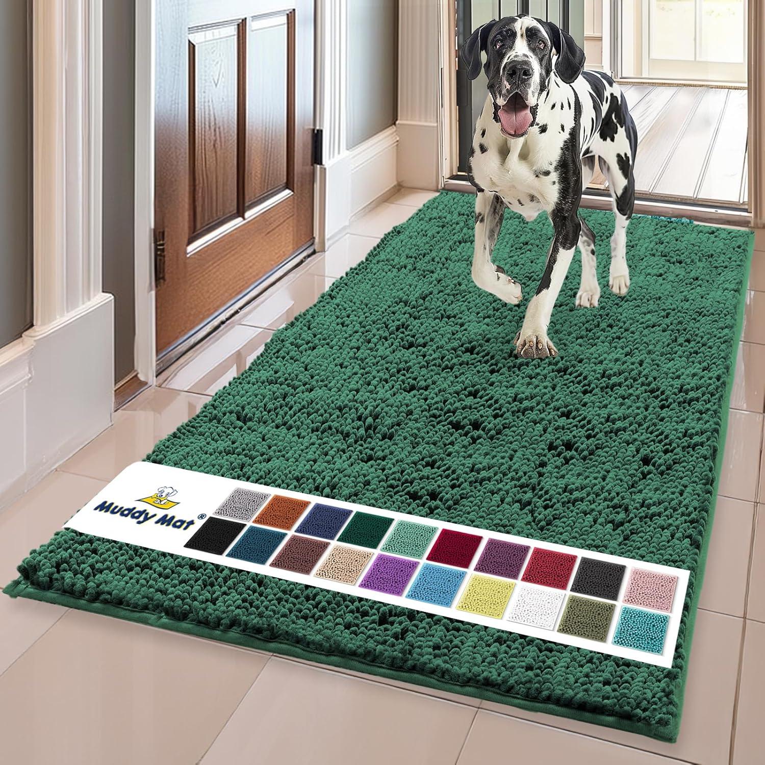imageMuddy Mat Pack of 5 Absorbent Microfiber Door Mat and Pet Rug Non Slip Thick Washable Area and Bath Mat Soft Chenille for Kitchen Bathroom Bedroom Indoor and Outdoor Dark Green Sizes S to XXL