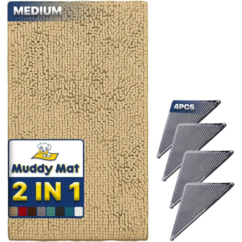 imageMuddy Mat 2 in 1 Bundle Absorbent Microfiber Door Mat Beige Medium 30quotX19quot ampamp Rug Heavy Duty NonSlip Corner Pad Pack of 4 DoubleSided Adhesive Pad for Corners Ultimate Floor Protection Combo