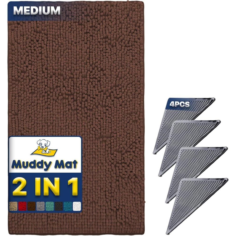 imageMuddy Mat 2 in 1 Bundle  Absorbent Microfiber Door Mat Brown Medium 30quotX19quot ampamp Rug Heavy Duty NonSlip Corner Pad Pack of 4 DoubleSided Adhesive Pad for Corners Ultimate Floor Protection Combo