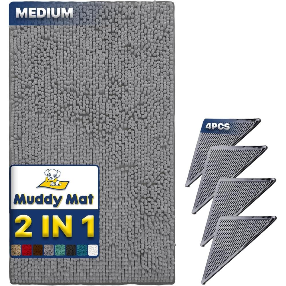 imageMuddy Mat 2 in 1 Bundle Absorbent Microfiber Door Mat Grey Medium 30quotX19quot ampamp Rug Heavy Duty NonSlip Corner Pad Pack of 4 DoubleSided Adhesive Pad for Corners Ultimate Floor Protection Combo