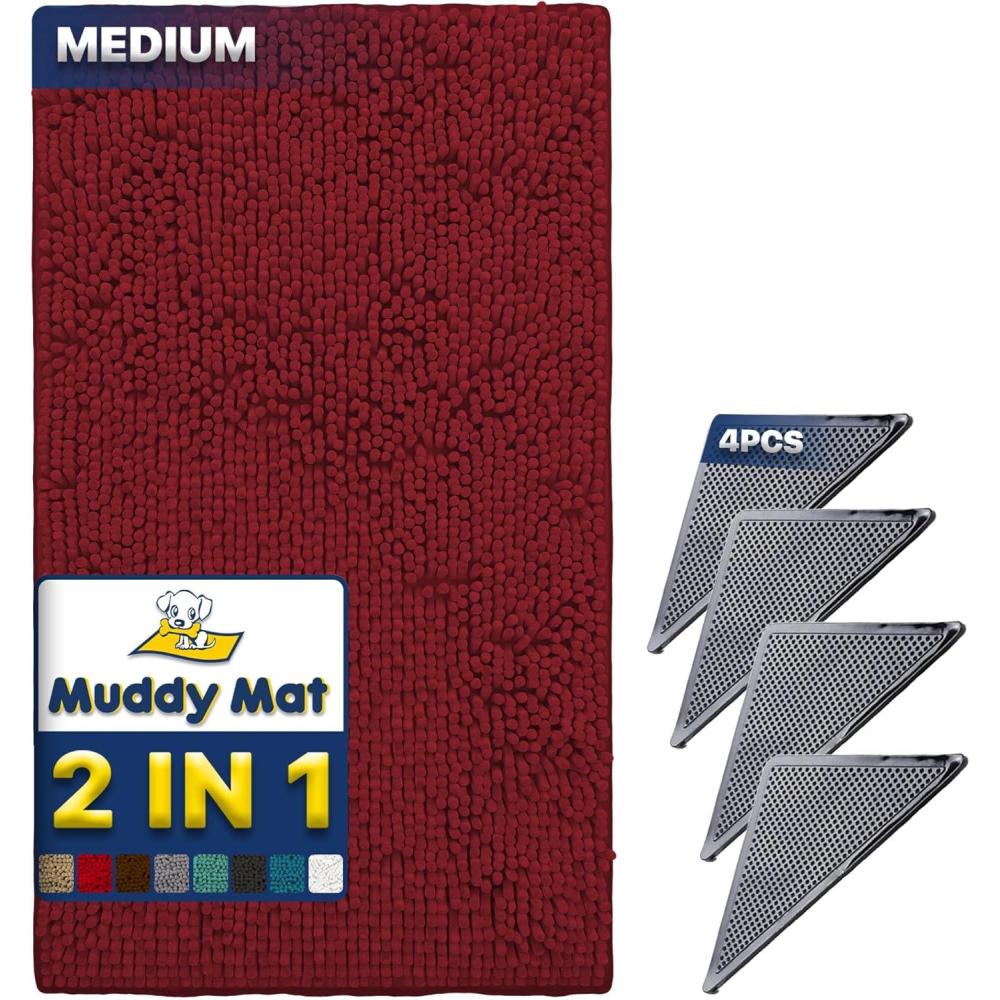 imageMuddy Mat 2 in 1 Bundle Absorbent Microfiber Door Mat Red Medium 30quotX19quot ampamp Rug Heavy Duty NonSlip Corner Pad Pack of 4 DoubleSided Adhesive Pad for Corners Ultimate Floor Protection Combo