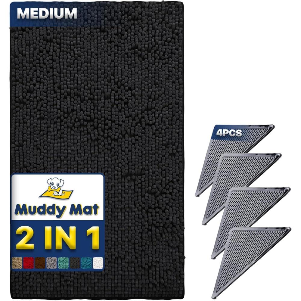 imageMuddy Mat 2 in 1 Bundle Absorbent Microfiber Door Mat Black Medium 30quotX19quot ampamp Rug Heavy Duty NonSlip Corner Pad Pack of 4 DoubleSided Adhesive Pad for Corners Ultimate Floor Protection Combo