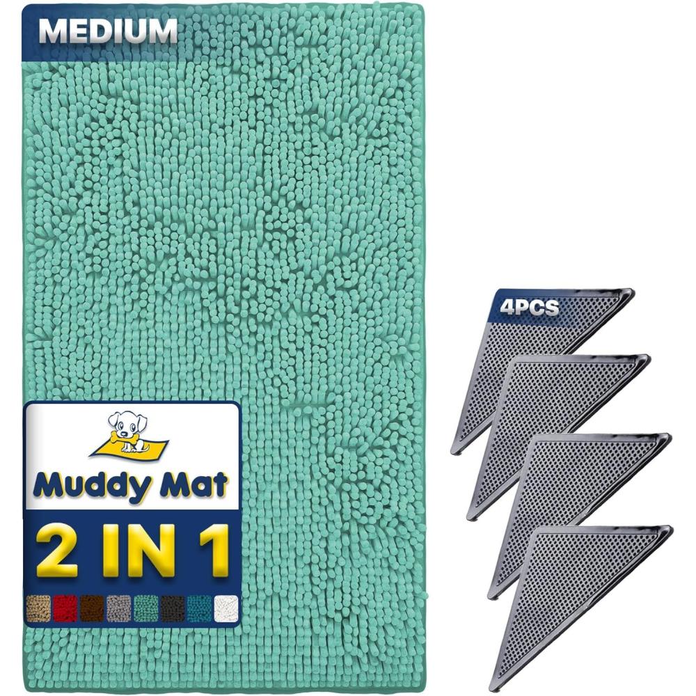 imageMuddy Mat 2 in 1 BundleAbsorbent Microfiber Door Mat Seafoam Green Medium 30quotX19quot ampamp Rug Heavy Duty NonSlip Pads Pack of 4DoubleSided Adhesive Pad for CornersUltimate Floor Protection Combo