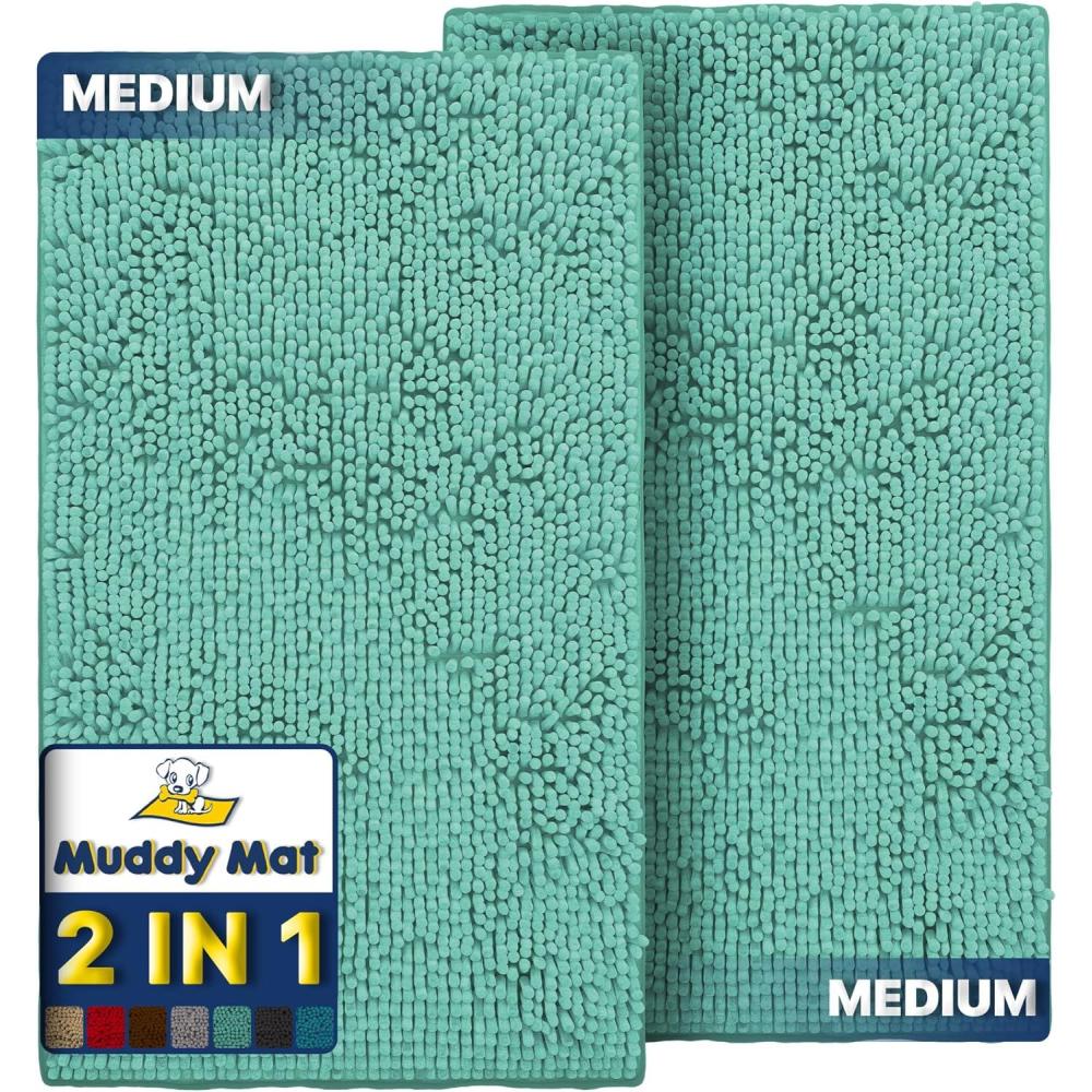 imageMuddy Mat 2Piece Atlantic Blue Medium 30quotX19quot ASSEENONTV Highly Absorbent Microfiber Door Mat Bath Mat and Pet Rug Non Slip Thick Washable Soft Chenille for Kitchen Bedroom Indoor and OutdoorSeafoam Green