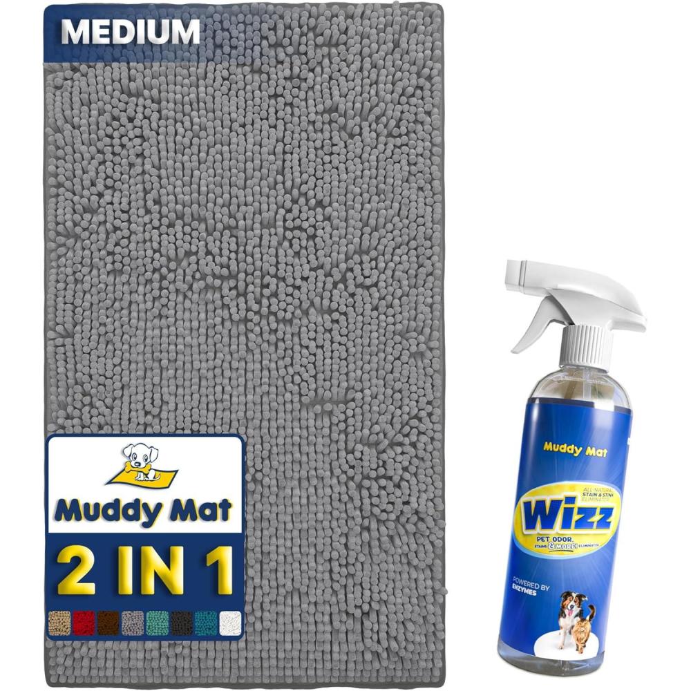 imageMuddy Mat 2in1 Set Grey Medium 30quotX19quot Microfiber NonSlip Washable ampamp Highly Absorbent Chenille Dog Door Mat with Wizz Stain ampamp Odor RemoverUltimate Pet Cleanup Combo for Fresh ampamp Clean Homes