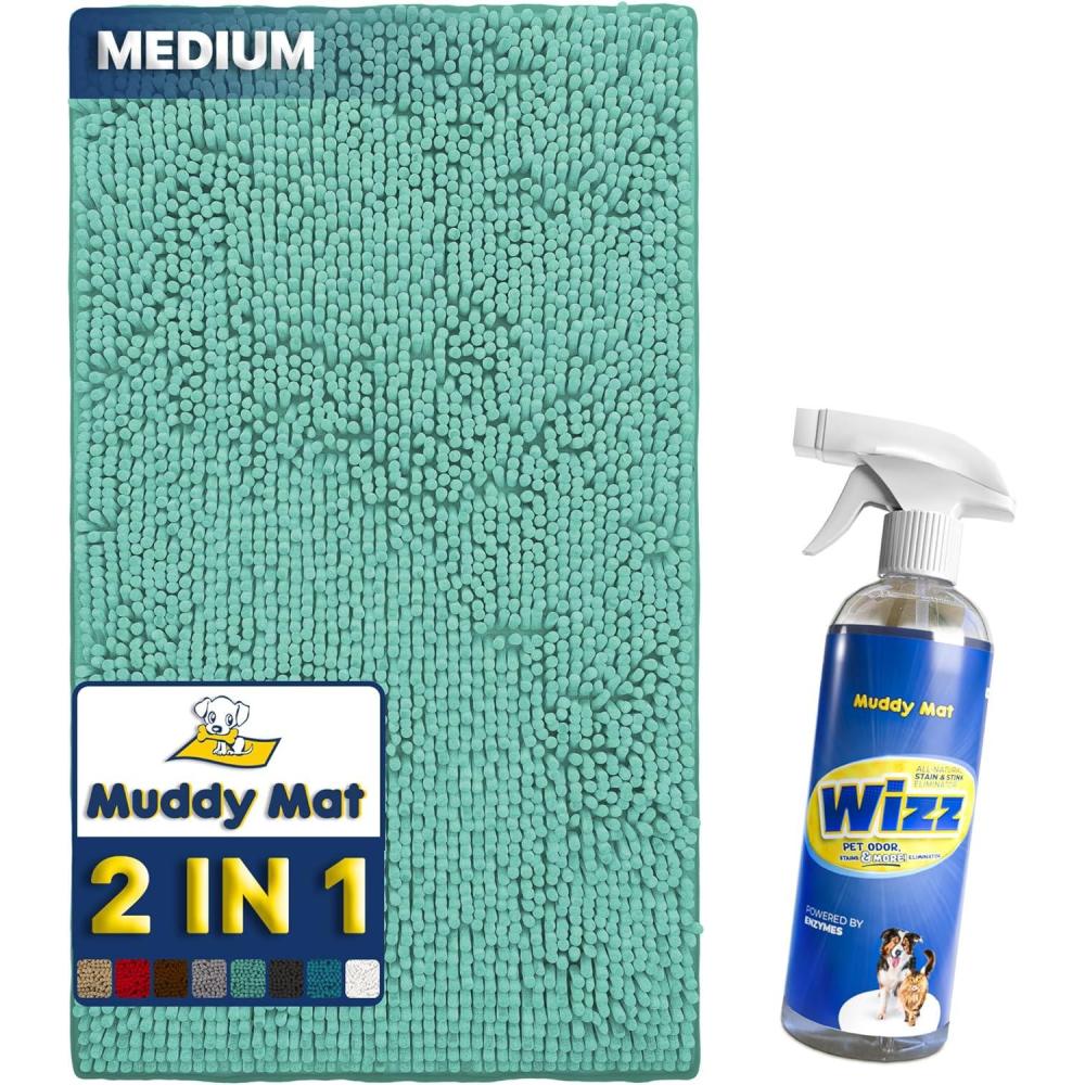 imageMuddy Mat 2in1 Set Seafoam Green Medium30quotX19quot Microfiber NonSlip Washable ampamp Highly Absorbent Chenille Dog Door Mat with Wizz Stain ampamp Odor RemoverUltimate Pet Cleanup Combo for Pristine Homes