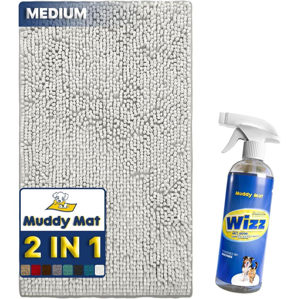 imageMuddy Mat 2in1 Set White Medium 30quotX19quot Microfiber NonSlip Washable ampamp Highly Absorbent Chenille Dog Door Mat with Wizz Stain ampamp Odor RemoverUltimate Pet Cleanup Combo for Fresh ampamp Clean Homes