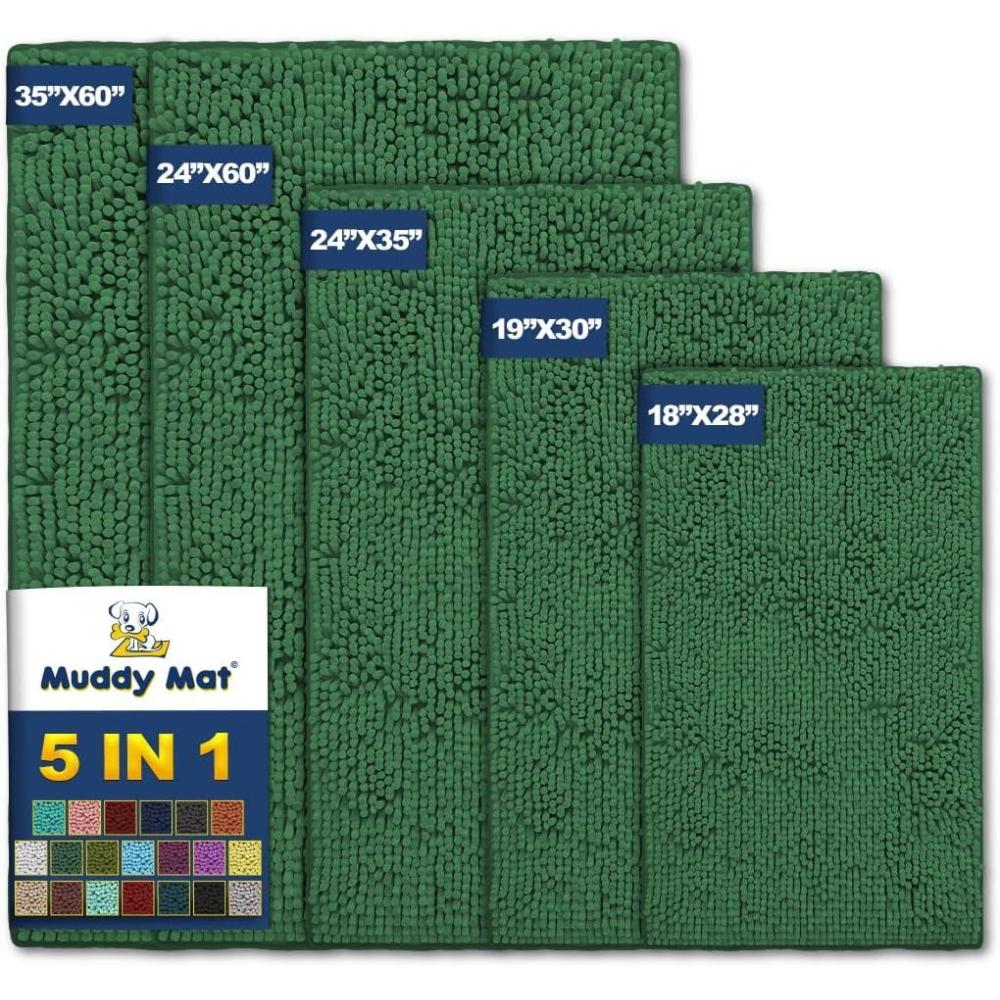 imageMuddy Mat Pack of 5 Absorbent Microfiber Door Mat and Pet Rug Non Slip Thick Washable Area and Bath Mat Soft Chenille for Kitchen Bathroom Bedroom Indoor and Outdoor Dark Green Sizes S to XXL