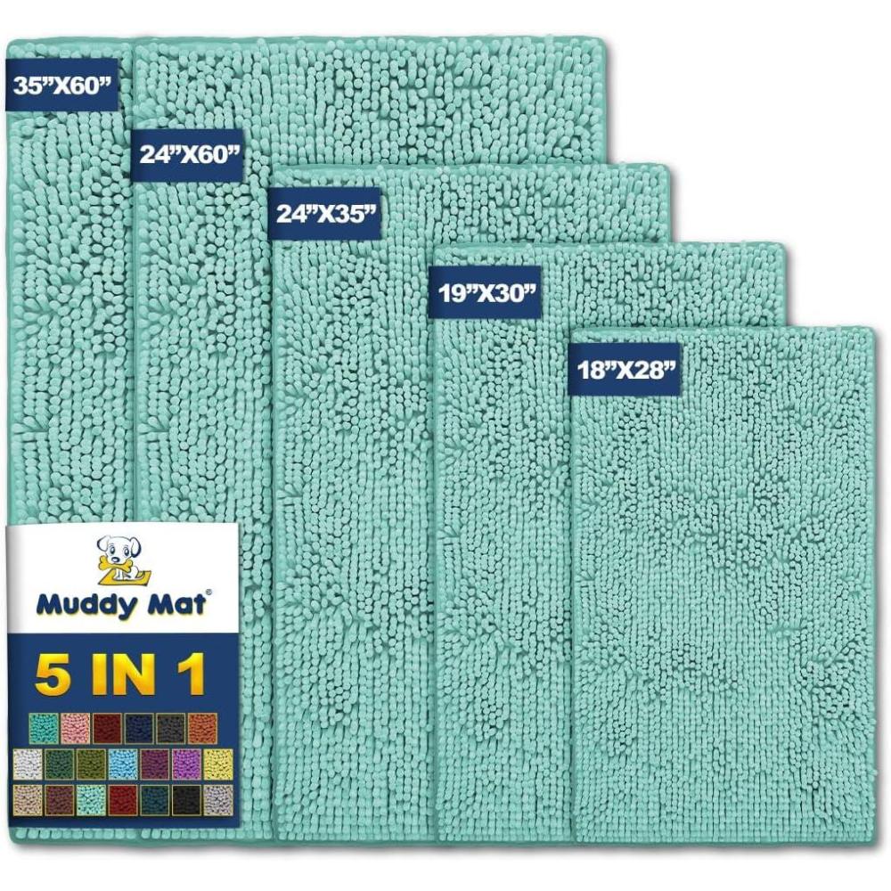 imageMuddy Mat Pack of 5 Absorbent Microfiber Door Mat and Pet Rug Non Slip Thick Washable Area and Bath Mat Soft Chenille for Kitchen Bathroom Bedroom Indoor and Outdoor Seafoam Green Sizes S to XXL