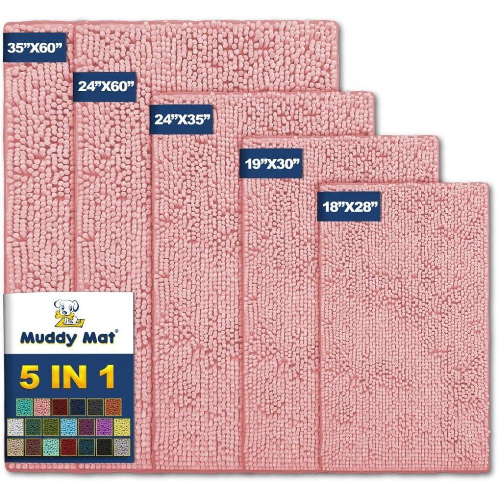 imageMuddy Mat Pack of 5 Absorbent Microfiber Door Mat and Pet Rug Non Slip Thick Washable Area and Bath Mat Soft Chenille for Kitchen Bathroom Bedroom Indoor and Outdoor Light Pink Sizes S to XXL