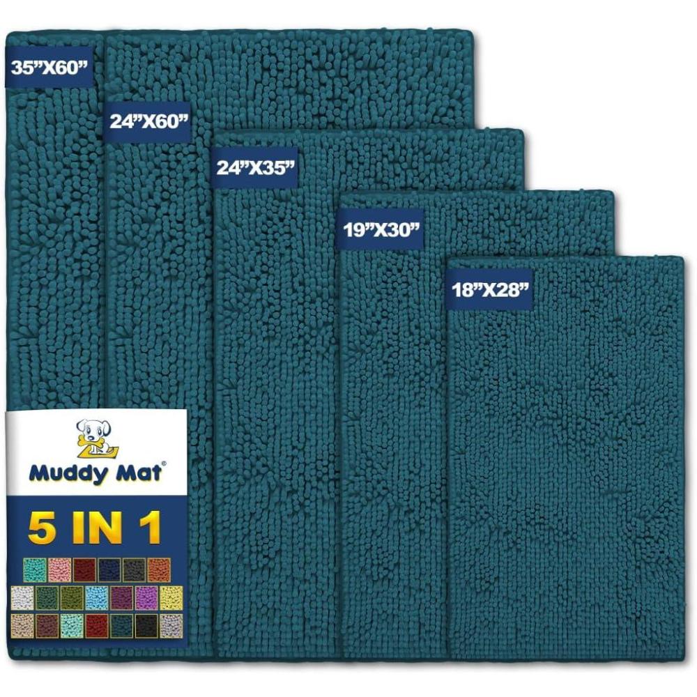 imageMuddy Mat Pack of 5 Absorbent Microfiber Door Mat and Pet Rug Non Slip Thick Washable Area and Bath Mat Soft Chenille for Kitchen Bathroom Bedroom Indoor and Outdoor Atlantic Blue Sizes S to XXL