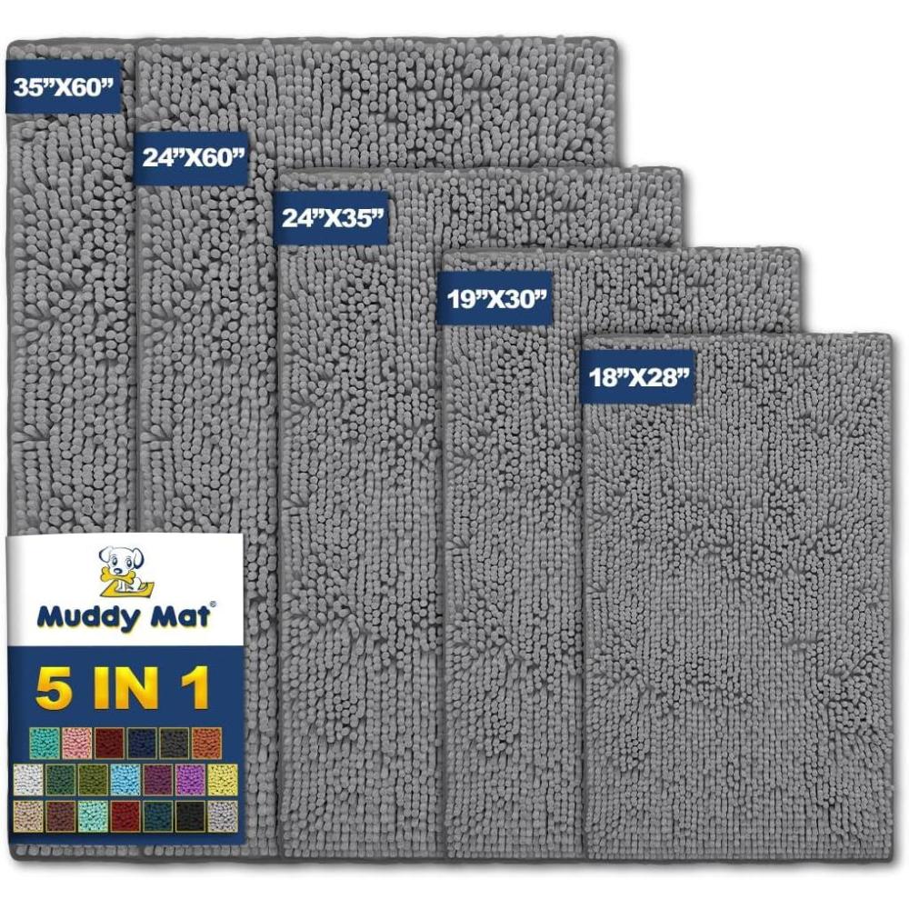 imageMuddy Mat Pack of 5 Highly Absorbent Microfiber Door Mat and Pet Rug Non Slip Thick Washable Area and Bath Mat Soft Chenille for Kitchen Bathroom Bedroom Indoor and Outdoor Grey Sizes S to XXL