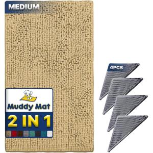 Muddy Mat 2 in 1 Bundle – Absorbent Microfiber Door Mat Beige Medium (30″X19″) & Rug Heavy Duty Non-Slip Corner Pad (Pack of 4) -Double-Sided Adhesive Pad for Corners -Ultimate Floor Protection Combo