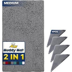 Muddy Mat 2 in 1 Bundle – Absorbent Microfiber Door Mat Grey Medium (30″X19″) & Rug Heavy Duty Non-Slip Corner Pad (Pack of 4) -Double-Sided Adhesive Pad for Corners – Ultimate Floor Protection Combo