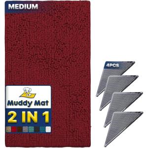 Muddy Mat 2 in 1 Bundle – Absorbent Microfiber Door Mat Red Medium (30″X19″) & Rug Heavy Duty Non-Slip Corner Pad (Pack of 4) – Double-Sided Adhesive Pad for Corners – Ultimate Floor Protection Combo