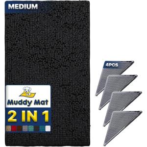 Muddy Mat 2 in 1 Bundle- Absorbent Microfiber Door Mat Black Medium (30″X19″) & Rug Heavy Duty Non-Slip Corner Pad (Pack of 4) -Double-Sided Adhesive Pad for Corners – Ultimate Floor Protection Combo