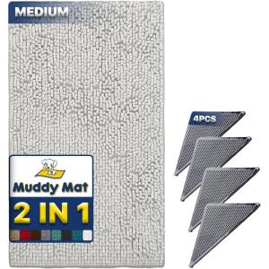 Muddy Mat 2 in 1 Bundle- Absorbent Microfiber Door Mat White Medium (30″X19″) & Rug Heavy Duty Non-Slip Corner Pad (Pack of 4) -Double-Sided Adhesive Pad for Corners – Ultimate Floor Protection Combo