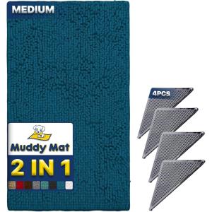 Muddy Mat 2 in 1 Bundle-Absorbent Microfiber Door Mat Atlantic Blue Medium (30″X19″) & Rug Heavy Duty Non-Slip Pads (Pack of 4)-Double-Sided Adhesive Pad for Corners-Ultimate Floor Protection Combo