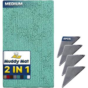 Muddy Mat 2 in 1 Bundle-Absorbent Microfiber Door Mat Seafoam Green Medium (30″X19″) & Rug Heavy Duty Non-Slip Pads (Pack of 4)-Double-Sided Adhesive Pad for Corners-Ultimate Floor Protection Combo