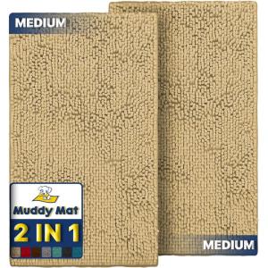Muddy Mat® 2-Piece Atlantic Blue Medium 30″X19″ AS-SEEN-ON-TV Highly Absorbent Microfiber Door Mat, Bath Mat and Pet Rug, Non Slip Thick Washable, Soft Chenille for Kitchen Bedroom Indoor and Outdoor(Beige)