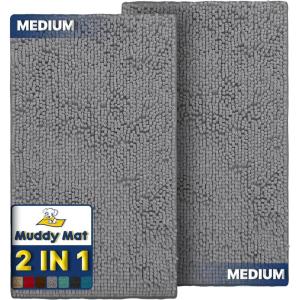 Muddy Mat® 2-Piece Atlantic Blue Medium 30″X19″ AS-SEEN-ON-TV Highly Absorbent Microfiber Door Mat, Bath Mat and Pet Rug, Non Slip Thick Washable, Soft Chenille for Kitchen Bedroom Indoor and Outdoor(Grey)
