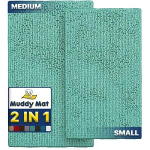 Muddy Mat 2-Piece Set Highly Absorbent Microfiber Dog Door Mat and Pet Rug, Non Slip Thick Washable Area Mat Soft Chenille for Kitchen Bathroom Bedroom and Outdoor- Seafoam Green Small & Medium