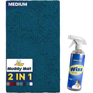 Muddy Mat 2-in-1 Set Atlantic Blue Medium(30″X19″) Microfiber Non-Slip, Washable & Highly Absorbent Chenille Dog Door Mat with Wizz Stain & Odor Remover-Ultimate Pet Cleanup Combo for Pristine Homes
