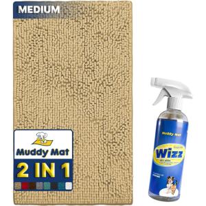 Muddy Mat 2-in-1 Set Beige Medium (30″X19″) Microfiber Non-Slip, Washable & Highly Absorbent Chenille Dog Door Mat with Wizz Stain & Odor Remover-Ultimate Pet Cleanup Combo for Fresh & Clean HOM