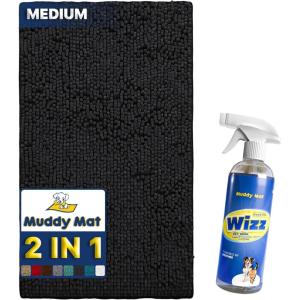 Muddy Mat 2-in-1 Set Black Medium (30″X19″) Microfiber Non-Slip, Washable & Highly Absorbent Chenille Dog Door Mat with Wizz Stain & Odor Remover-Ultimate Pet Cleanup Combo for Fresh & Clean Homes