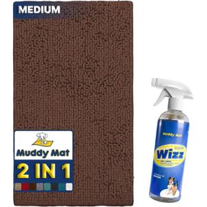 Muddy Mat 2-in-1 Set Brown Medium (30″X19″) Microfiber Non-Slip, Washable & Highly Absorbent Chenille Dog Door Mat with Wizz Stain & Odor Remover-Ultimate Pet Cleanup Combo for Fresh & Clean Homes