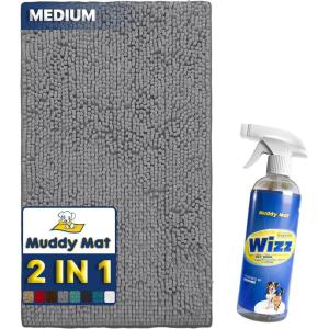 Muddy Mat 2-in-1 Set Grey Medium (30″X19″) Microfiber Non-Slip, Washable & Highly Absorbent Chenille Dog Door Mat with Wizz Stain & Odor Remover-Ultimate Pet Cleanup Combo for Fresh & Clean Homes