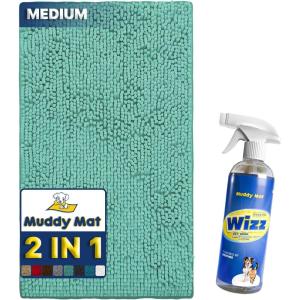 Muddy Mat 2-in-1 Set Seafoam Green Medium(30″X19″) Microfiber Non-Slip, Washable & Highly Absorbent Chenille Dog Door Mat with Wizz Stain & Odor Remover-Ultimate Pet Cleanup Combo for Pristine Homes
