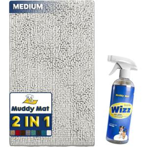 Muddy Mat 2-in-1 Set White Medium (30″X19″) Microfiber Non-Slip, Washable & Highly Absorbent Chenille Dog Door Mat with Wizz Stain & Odor Remover-Ultimate Pet Cleanup Combo for Fresh & Clean Homes