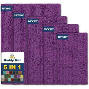 Muddy Mat® Pack of 5 Absorbent Microfiber Door Mat and Pet Rug Non Slip Thick Washable Area and Bath Mat Soft Chenille for Kitchen Bathroom Bedroom Indoor and Outdoor – Dark Purple (Sizes S to XXL)
