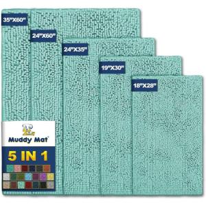 Muddy Mat® Pack of 5 Absorbent Microfiber Door Mat and Pet Rug Non Slip Thick Washable Area and Bath Mat Soft Chenille for Kitchen Bathroom Bedroom Indoor and Outdoor – Seafoam Green (Sizes S to XXL)