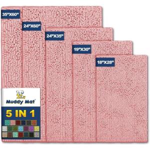 Muddy Mat® Pack of 5 Absorbent Microfiber Door Mat and Pet Rug Non Slip Thick Washable Area and Bath Mat Soft Chenille for Kitchen Bathroom Bedroom Indoor and Outdoor – Light Pink (Sizes S to XXL)
