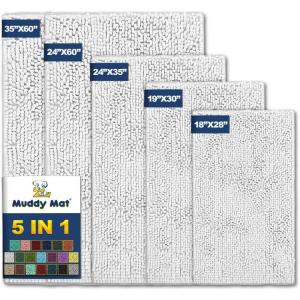 Muddy Mat® Pack of 5 Highly Absorbent Microfiber Door Mat and Pet Rug Non Slip Thick Washable Area and Bath Mat Soft Chenille for Kitchen Bathroom Bedroom Indoor and Outdoor – White (Sizes S to XXL)