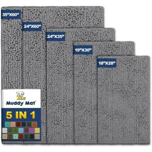 Muddy Mat® Pack of 5 Highly Absorbent Microfiber Door Mat and Pet Rug Non Slip Thick Washable Area and Bath Mat Soft Chenille for Kitchen Bathroom Bedroom Indoor and Outdoor – Grey (Sizes S to XXL)