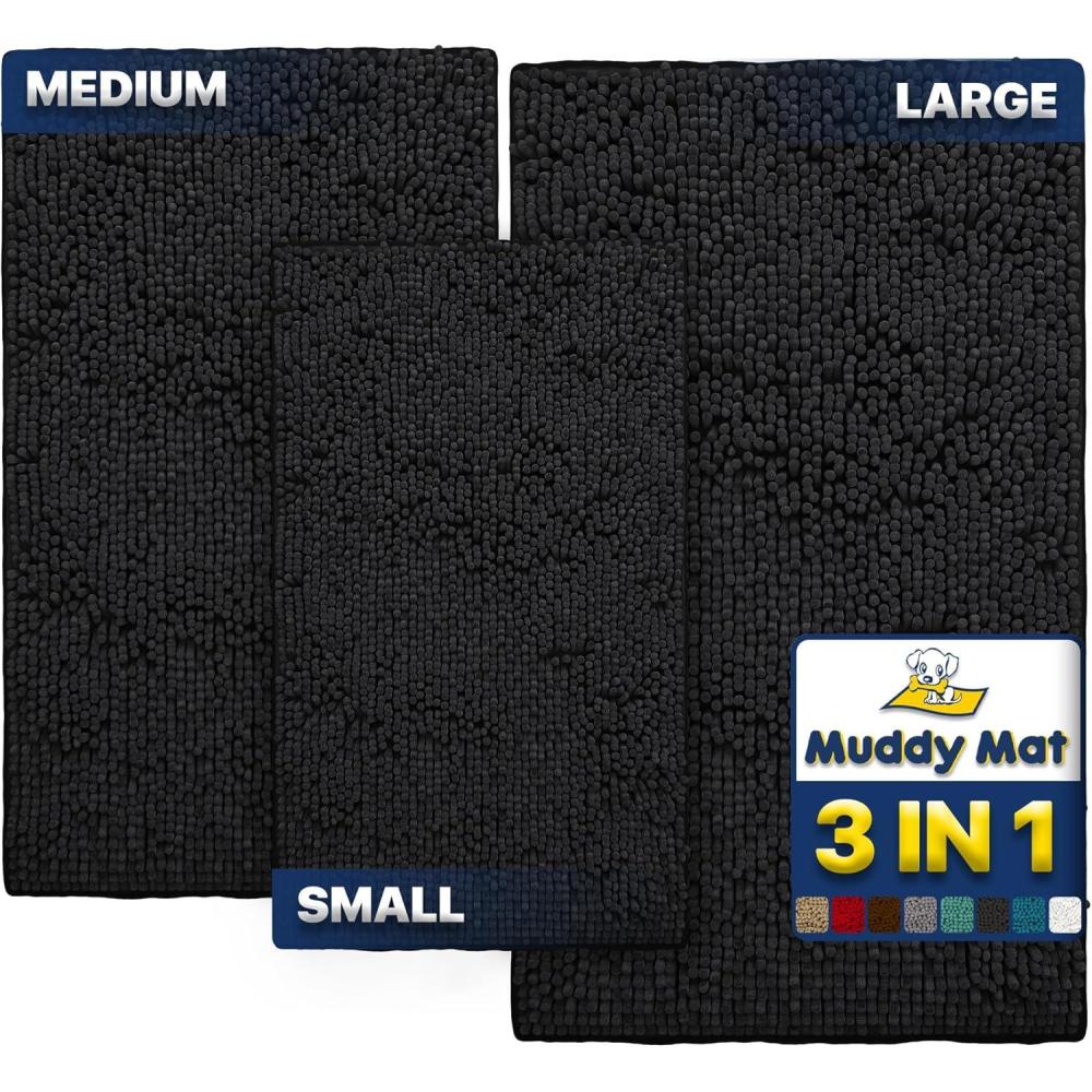 imageMuddy Mat Pack of 3 Highly Absorbent Microfiber Dog Door Mat and Pet Rug Non Slip Thick Washable Area Mat Soft Chenille for Kitchen Bathroom Bedroom and Outdoor  Grey Small Medium ampamp LargeBlack