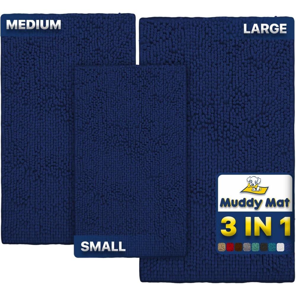 imageMuddy Mat Pack of 3 Highly Absorbent Microfiber Dog Door Mat and Pet Rug Non Slip Thick Washable Area Mat Soft Chenille for Kitchen Bathroom Bedroom and Outdoor  Grey Small Medium ampamp LargeNavy Blue