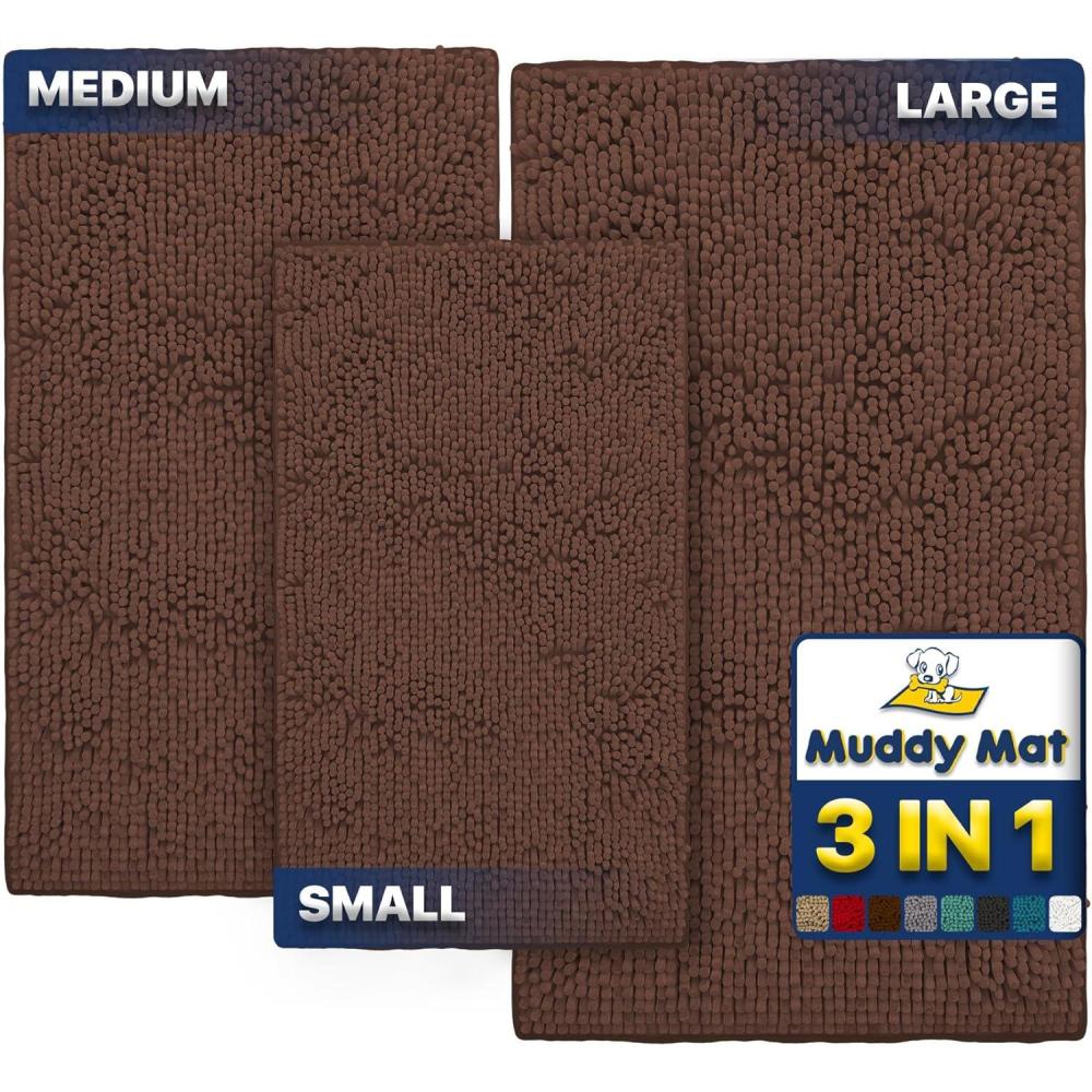 imageMuddy Mat Pack of 3 Highly Absorbent Microfiber Dog Door Mat and Pet Rug Non Slip Thick Washable Area Mat Soft Chenille for Kitchen Bathroom Bedroom and Outdoor  Grey Small Medium ampamp LargeChocolate Brown
