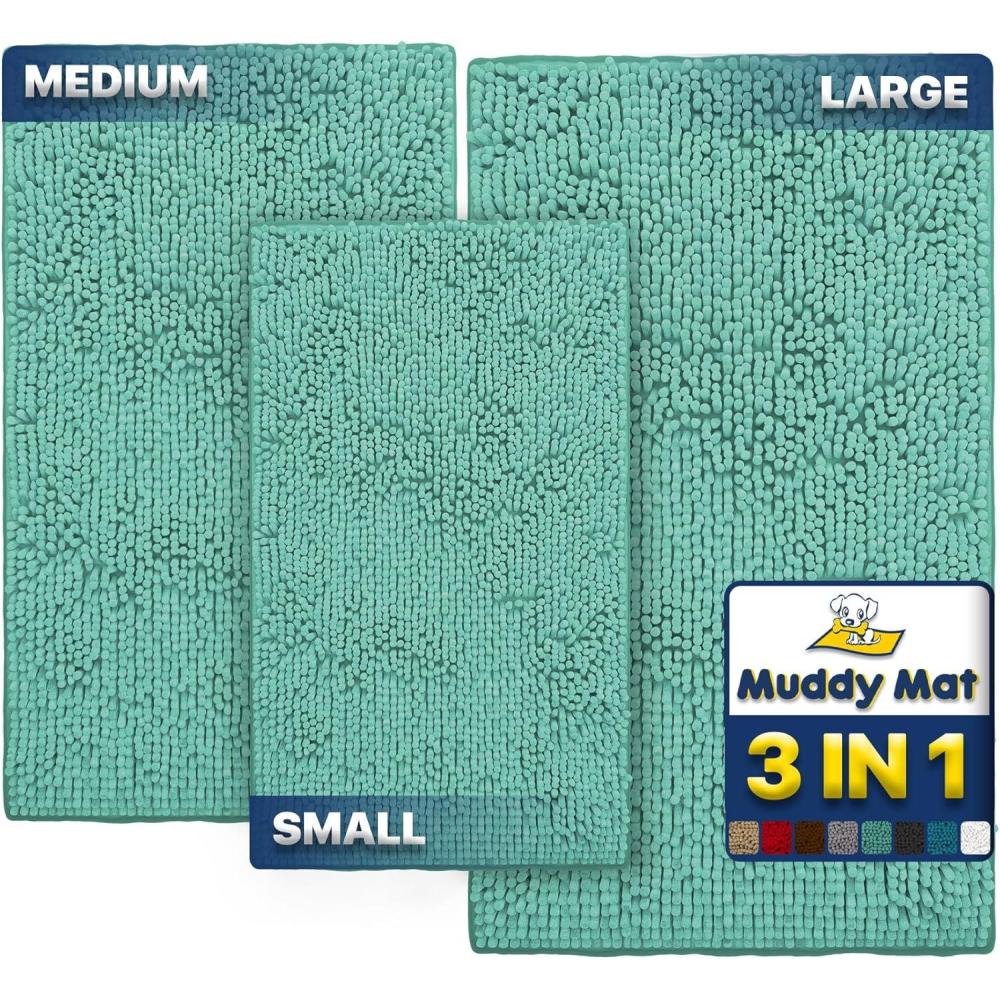 imageMuddy Mat Pack of 3 Highly Absorbent Microfiber Dog Door Mat and Pet Rug Non Slip Thick Washable Area Mat Soft Chenille for Kitchen Bathroom Bedroom and Outdoor Grey Small Medium ampamp LargeSea Green
