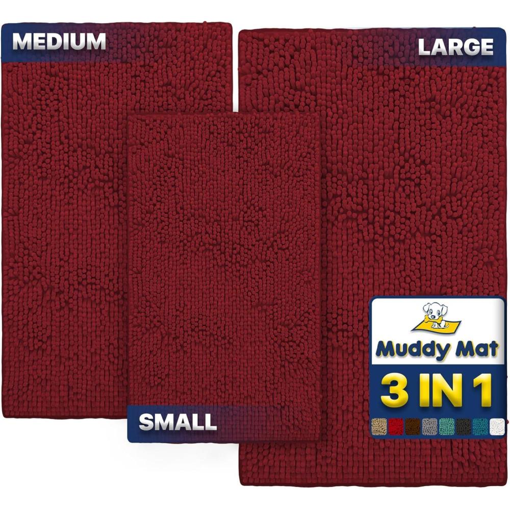 imageMuddy Mat Pack of 3 Highly Absorbent Microfiber Dog Door Mat and Pet Rug Non Slip Thick Washable Area Mat Soft Chenille for Kitchen Bathroom Bedroom and Outdoor Grey Small Medium ampamp LargeRed