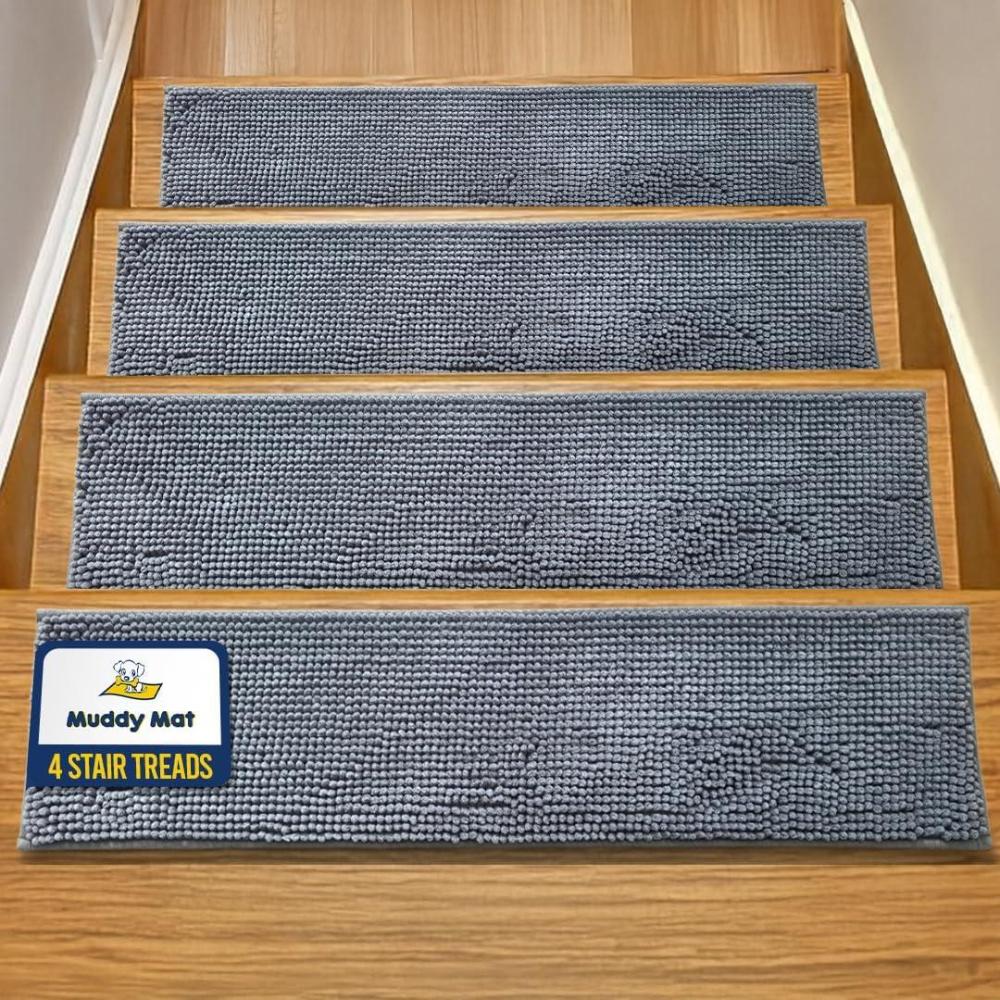 imageMuddy Mat Pack of 8 Soft Chenille Stair Treads NonSlip Reusable Super Absorbent Stair Treads for Wooden Steps Tile ampamp Marble Floor Easy to Install ampamp Machine Washable Grey 30 x 7Grey